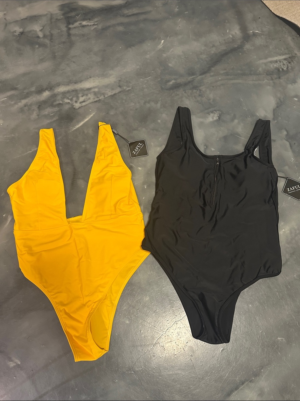 Zaful One Piece Swimsuit Lot 2 XL Fits M/L Black Zip Front & Yellow Plunge NWT